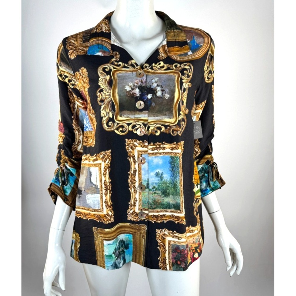 John Mark Art Gallery Shirt Women S NWT Picture Frame Print Button-up 3/4Sleeve